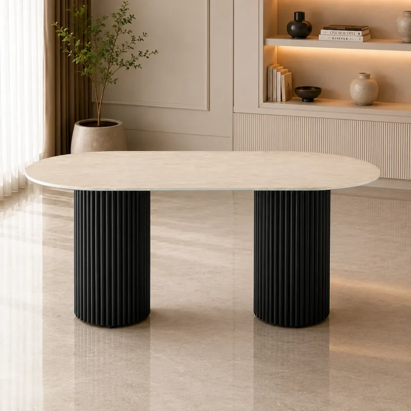 Table A MANGER KEYSHA METAL NOIR CERAMIQUE TRAVERTIN