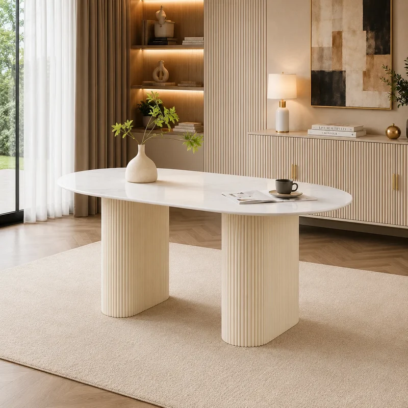 Table A MANGER SELENA PIED BEIGE PLATEAU CERAMIQUE MARBRE BLANC