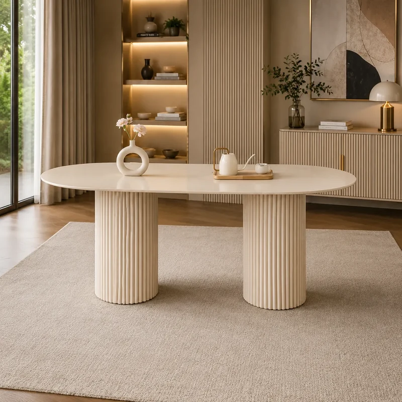 Table A MANGER KEYSHA PIED TRAVERTIN PLATEAU CERAMIQUE TRAVERTIN BRILLANT