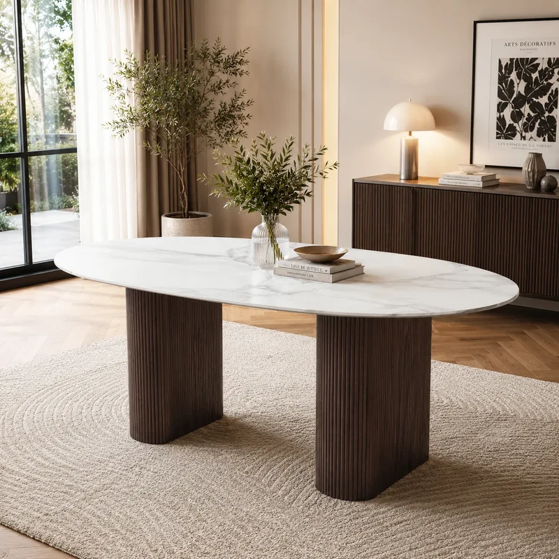 Table A MANGER ROXY PIED METAL EFFET NOYER CERAMIQUE MARBRE BLANC