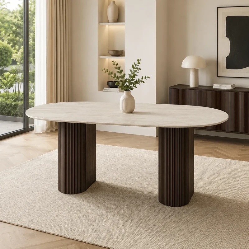 Table A MANGER ROXY PIED METAL EFFET NOYER CERAMIQUE TRAVERTIN MAT