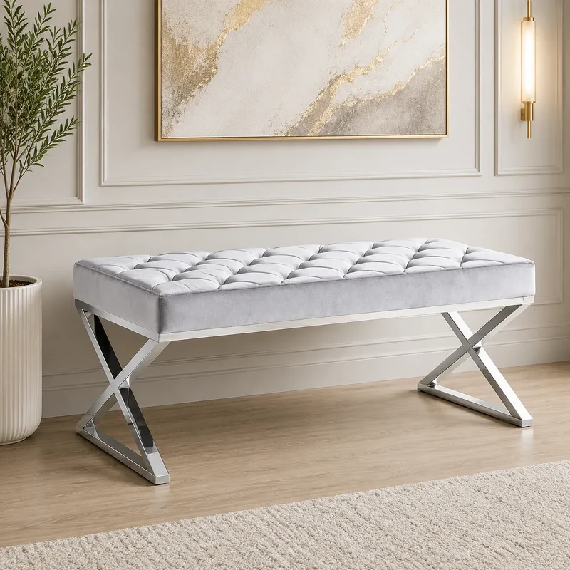 Banquette Olympe Velours Gris Pieds Chrome 97x44x46 CM