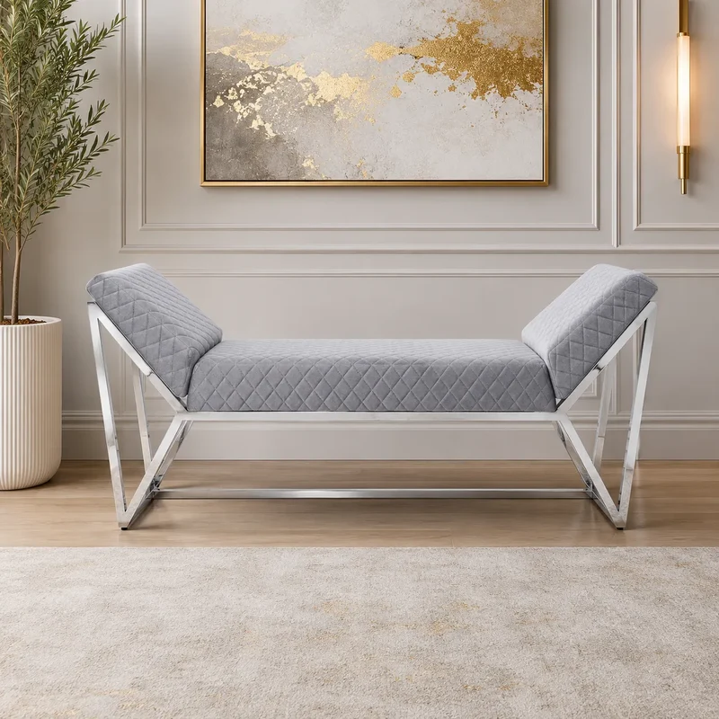 Banquette Lounge Velours Gris Pieds Chrome 160x45x68 CM