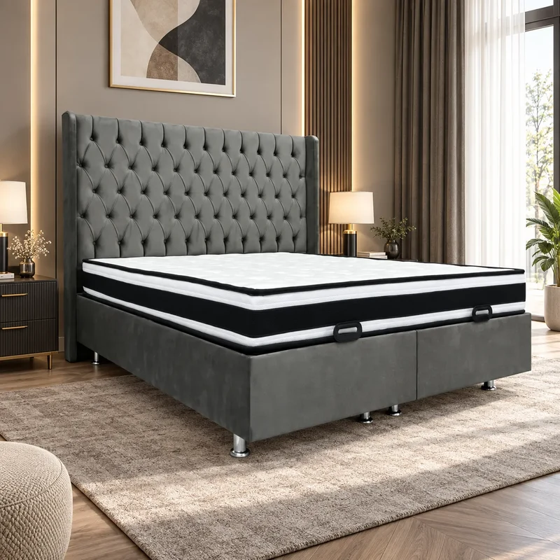 Lit Coffre Italian capitonné Velours Gris