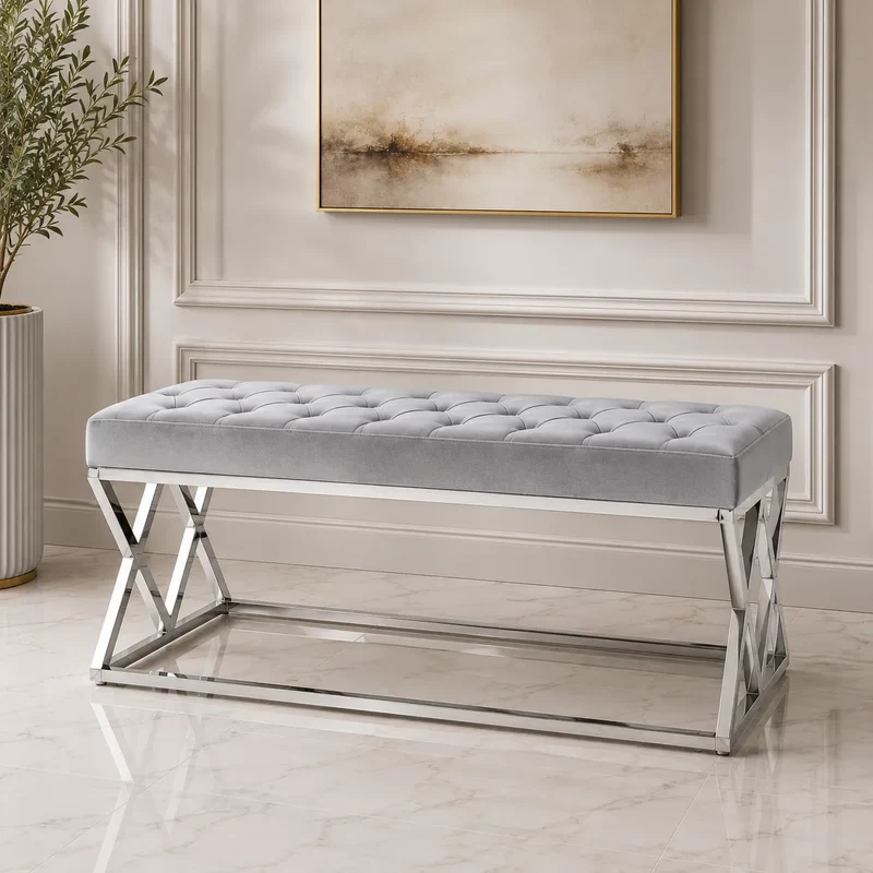 Banquette Triangle Capitonne Velours gris Pieds Chrome