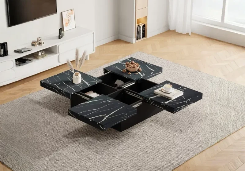 Table basse de Luxe à 4 Plateaux Coulissants - Effet Marbre Noir