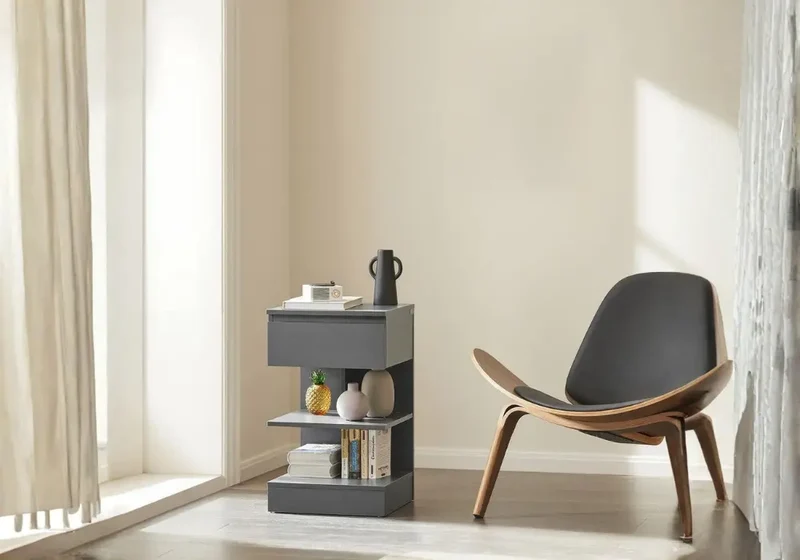 Table d'appoint moderne en forme de S, gris anthracite, avec tiroir