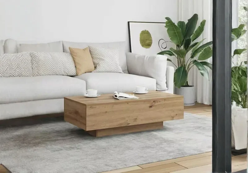 Table basse minimaliste en chêne naturel avec socle flottant