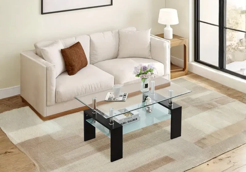 Table basse moderne à deux niveaux en verre trempé avec pieds en MDF noir