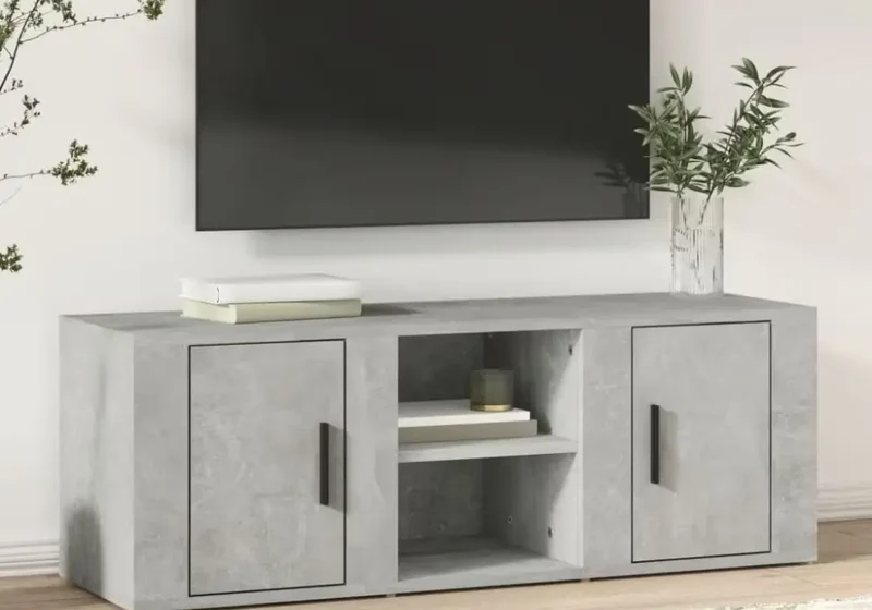 Meuble TV Moderne Noir avec Rangements et Étagères