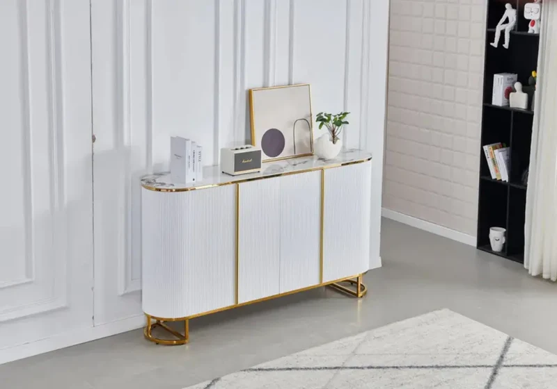 Buffet Ovale Cannelé NALIA Effet Marbre Beige Doré