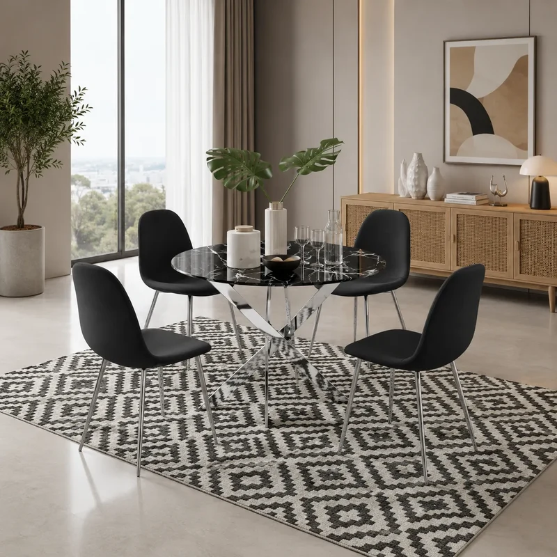 Table avec chaises avec argent pieds