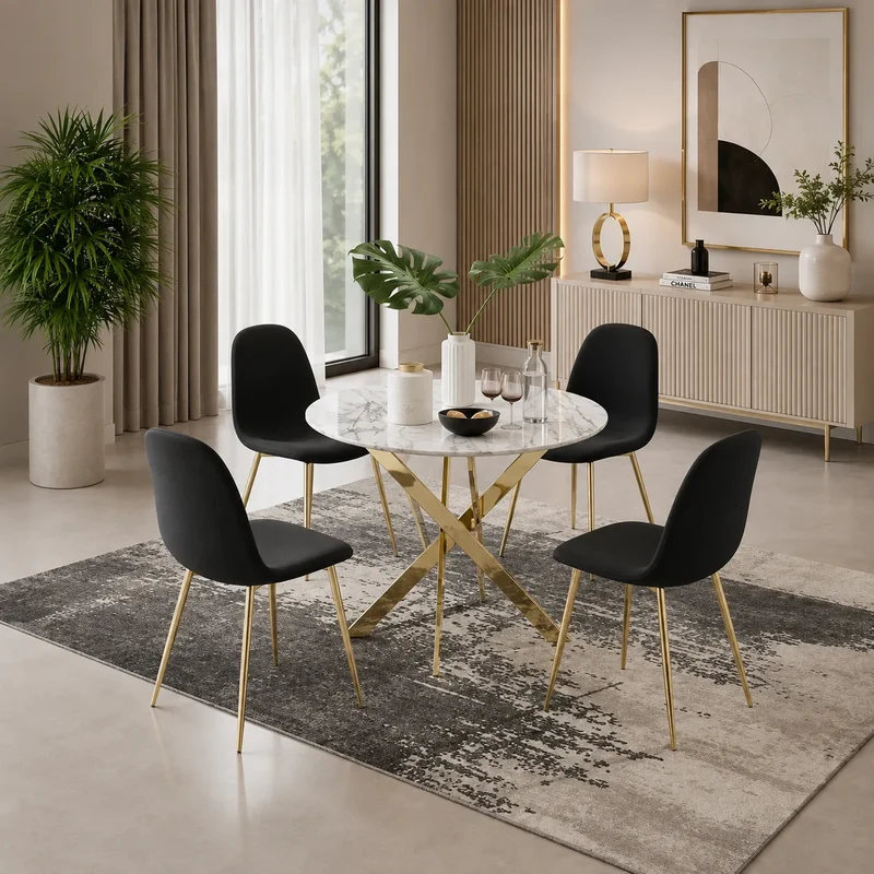 Ronde Table avec chaises avec doree pieds