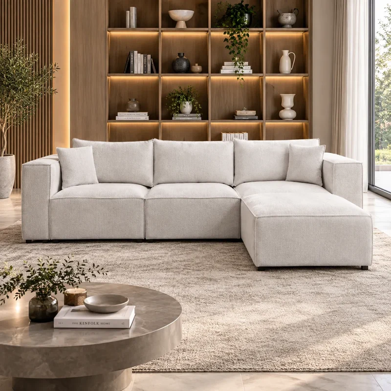 Canapé Elégance Chenille Modulable Blanc cassé 3+1 Pouf