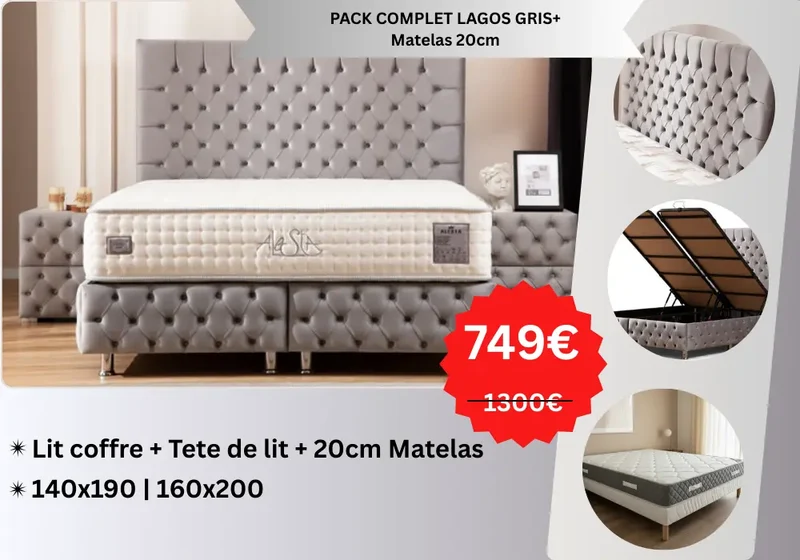 PACK COMPLET LAGOS GRIS+ Matelas 20cm