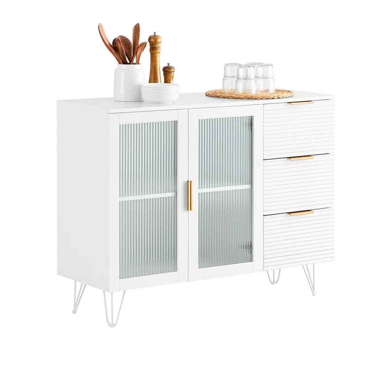 SoBuy FSB86-W Buffet Bas, Commode Armoire de Rangement, Buffet Bahut pour Cuisine Salle à Manger Salon Entrée avec Placard, 3 Tiroirs et 2 Portes Vitrées, 108 x 40 x 85 cm, Blanc