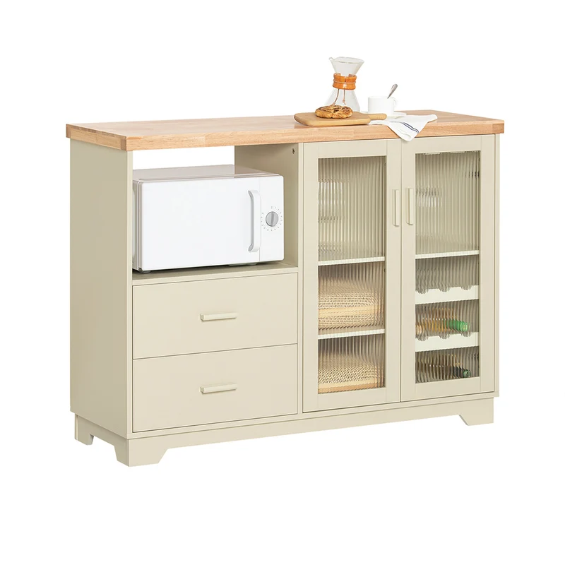 SoBuy FSB81-MI Buffet Cuisine avec Espace Micro-Ondes et Range-Bouteilles, pour Cuisine et Salle à Manger, Rangement Optimisé – L120×P40×H90 cm, Beige