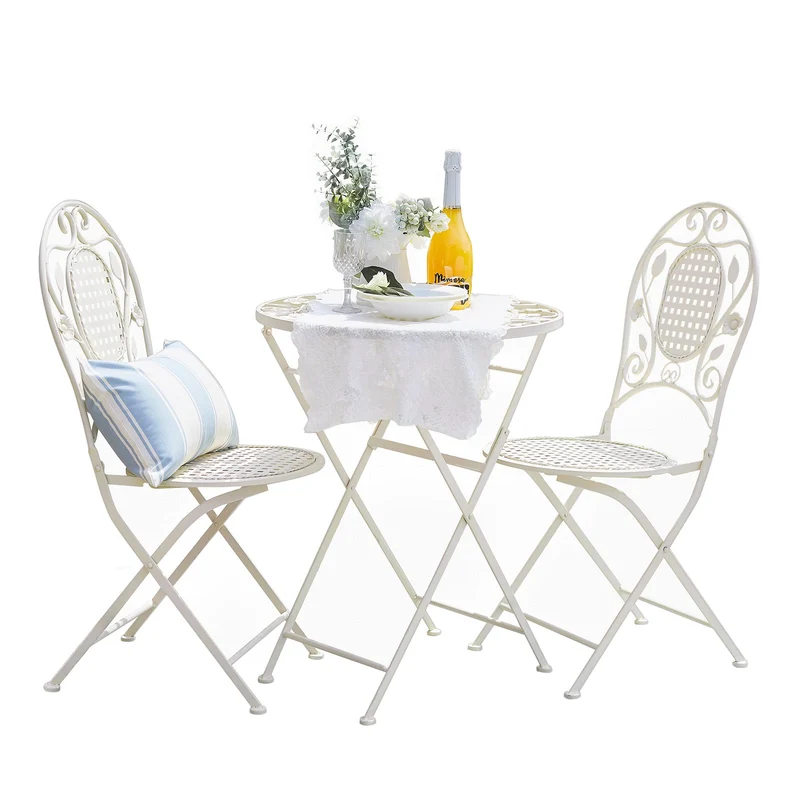 SoBuy OGT35-W 3pcs Salon de Jardin 2 Personnes, 2 Chaises de Jardin + 1 Table Bistrot Pliantes