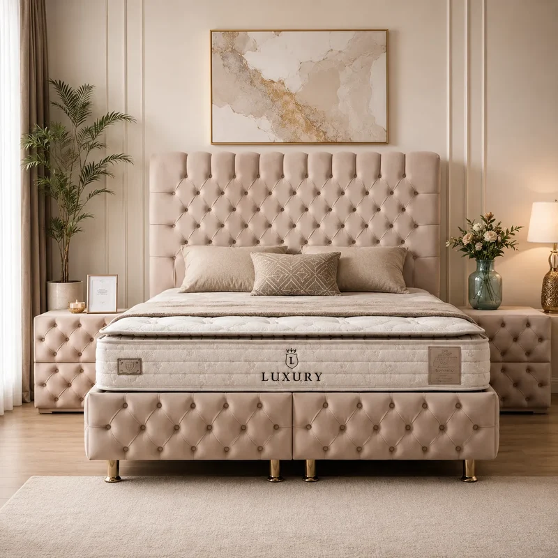 Lit Coffre LUNA - Velours capitonné - ANTHRACITE ET BEIGE