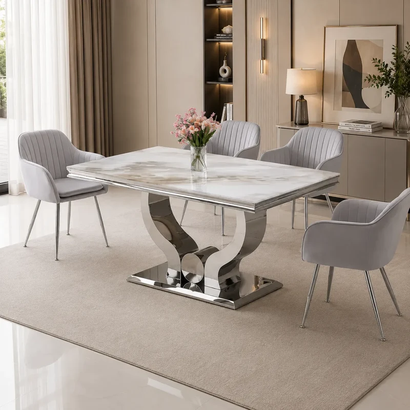 Table et chaises marbre beige argent NEA