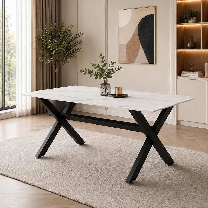Table à manger marbre blanc pied noir CROSS