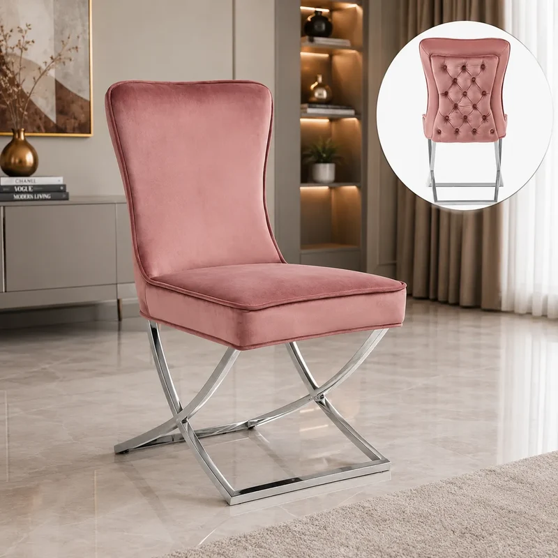Chaise Capitonnee Argent Rose Enzo