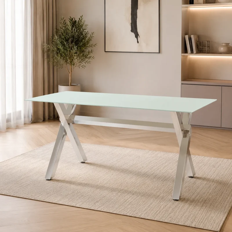 Table à manger marbre blanc pied argent CROSS