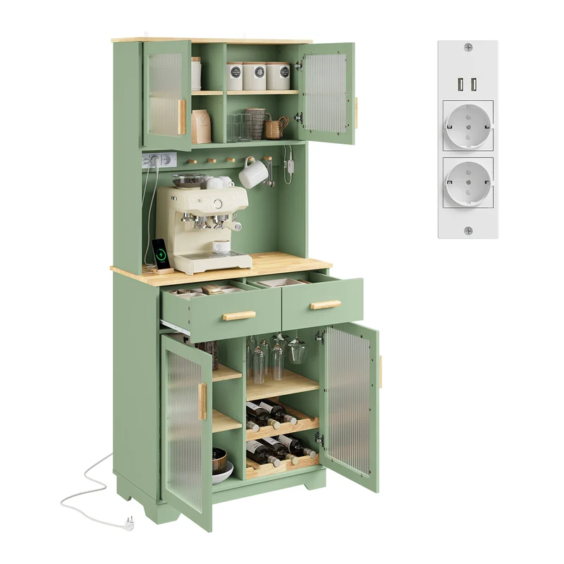 SoBuy FSB108-E-GR Buffet de Cuisine avec Éclairage LED et Prises USB – 4 Portes Vitrées, 2 Tiroirs, 6 Étagères – 80×38×180 cm, Vert Sauge
