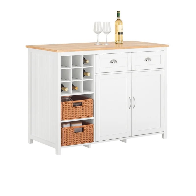 SoBuy KNL05-W Îlot de Cuisine 120 cm – Meuble Îlot Central avec Casier à Vin, 2 Tiroirs et Bois Hévéa – Blanc