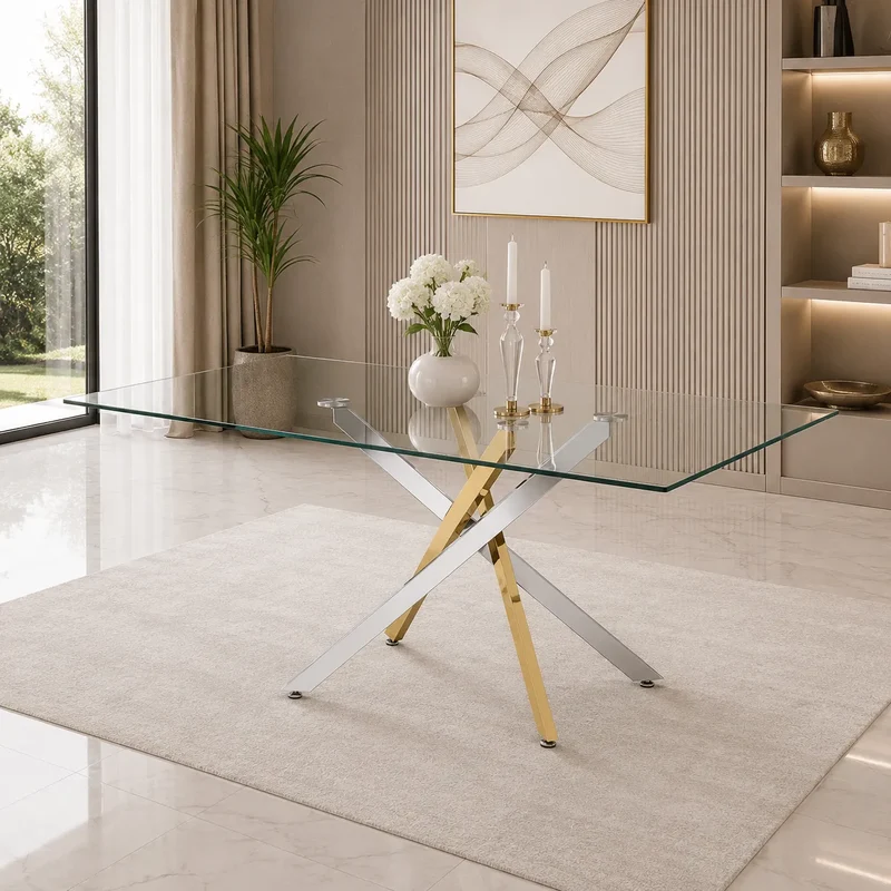Table Repas Jessica Transparent Pieds Gold et Chrome