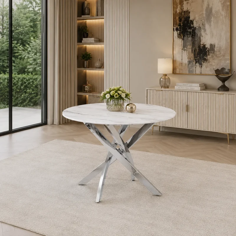 Table Repas Jessica Marbre Blanc Pieds Chrome