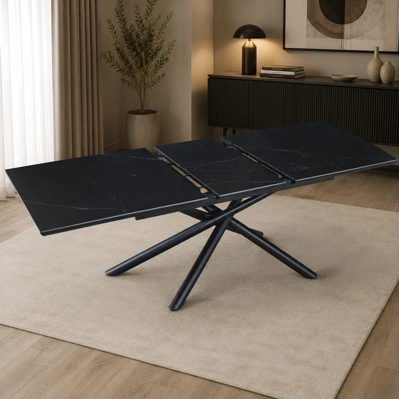 Table Extensible Zephir Marbre Noir et Pieds Metal Noir