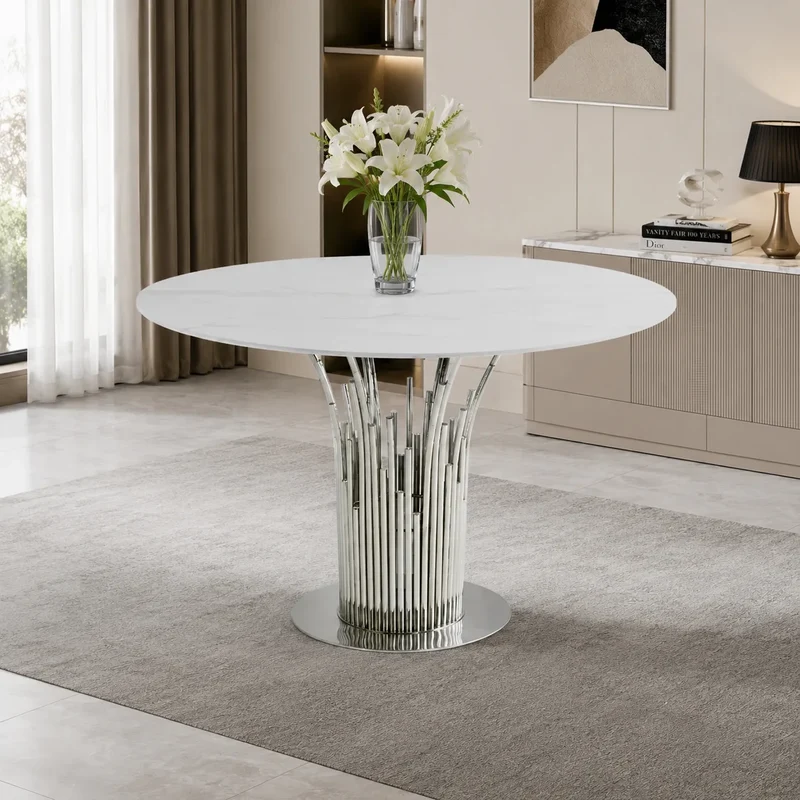 Table à Manger Flute Chrome Marbre Blanc 120 CM