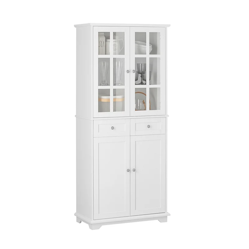 SoBuy FSB76-W Buffet Haut avec 2 Portes Vitrées, 2 Portes et 2 Tiroirs – L75×P40×H175 cm, Charge 100 kg, MDF E1, Blanc