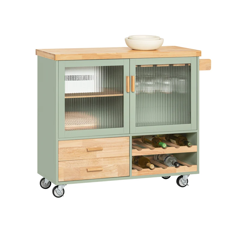 SoBuy FKW114-GR Ìlot Central Cuisine Mobile Vert Sauge – Bar à Vins, Plan Bois Massif, Rangement