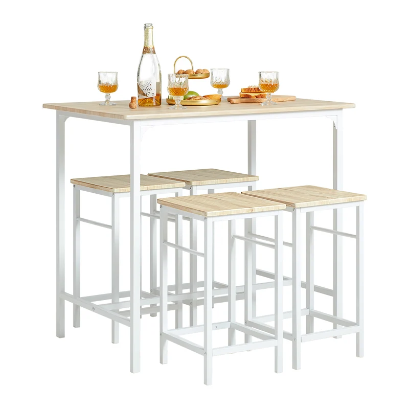 SoBuy OGT11-WN Table Haute avec 4 Tabourets – Mange-Debout Industriel 100×60 cm, Blanc/Naturel