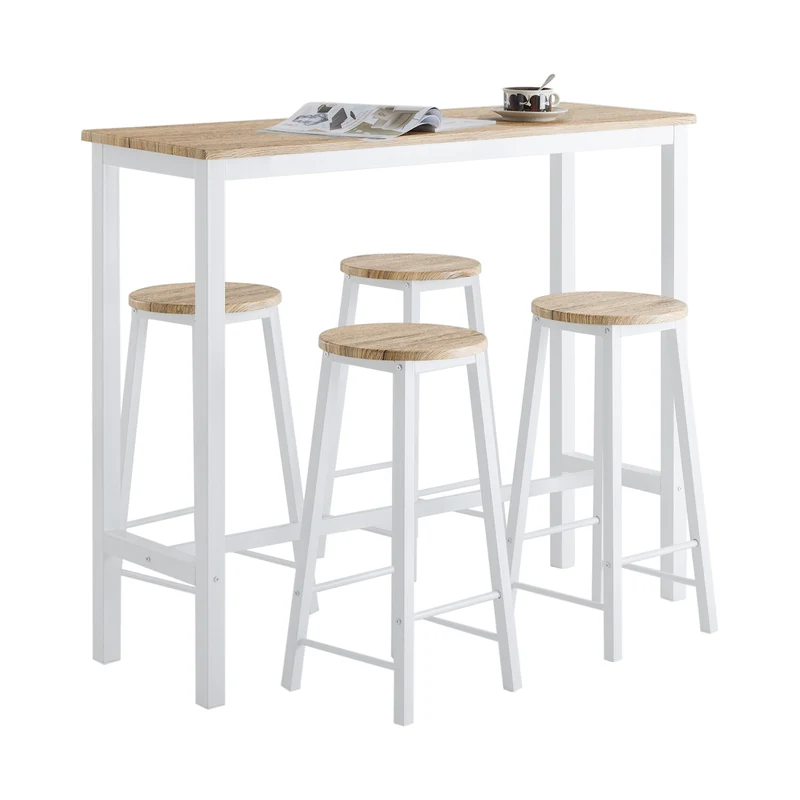 SoBuy OGT22-WN Ensemble Table de Bar + 4 Tabourets – Table Haute 120 cm, Repose-Pieds, Tabourets Rangeables, Blanc