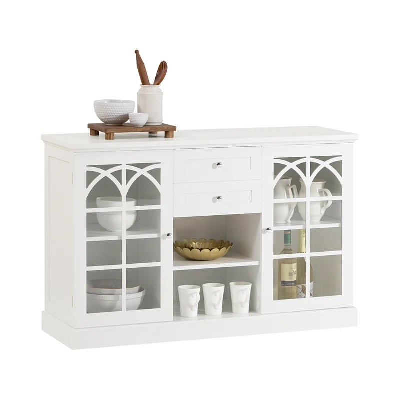 SoBuy FSB79-W Buffet Cuisine avec 2 Portes Vitrées, 2 Tiroirs et 2 Compartiments, pour Cuisine et Salle à Manger, Rangement Optimisé – L120×P39×H78 cm, Blanc