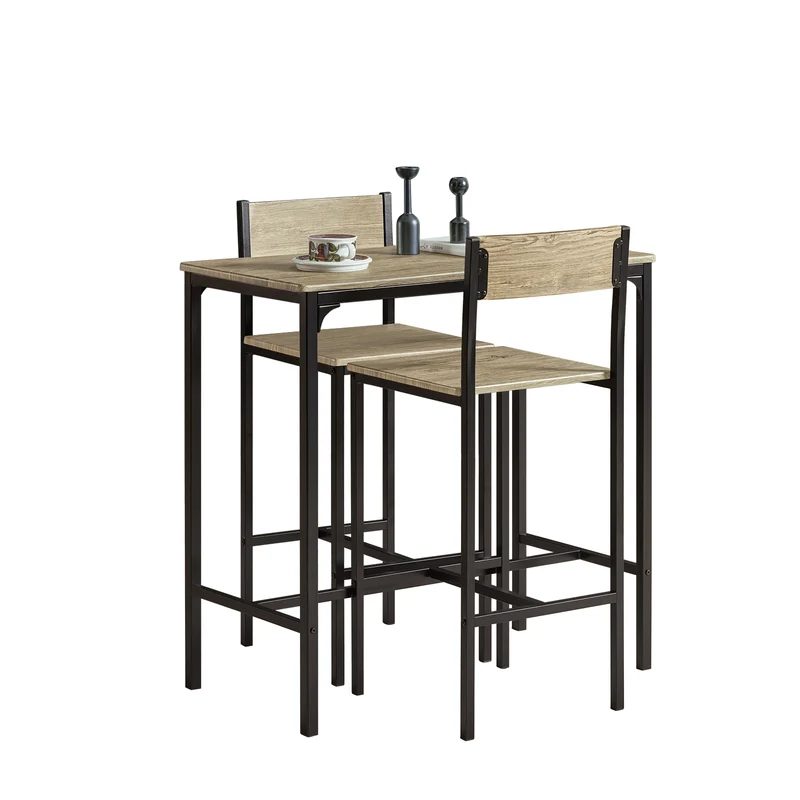SoBuy OGT03-N Ensemble Table Haute avec 1 Table et 2 Tabourets, Format Gain de Place, Format Compact, Style Industriel, Usage Quotidien – Bois + Métal, Naturel