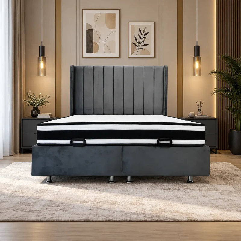 Lit Coffre Italian Piano Velours Gris