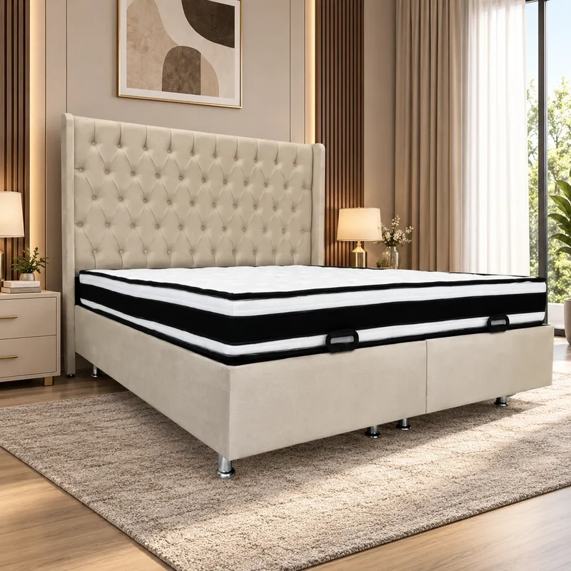 Lit Coffre Italian Capitonné Velours Beige