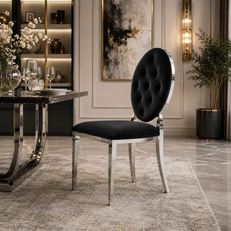 4 Chaises Medaillon Capitonne Velours Noir
