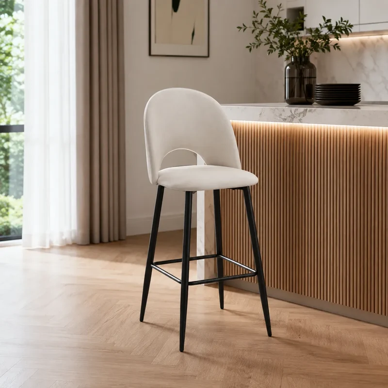 4 Chaises Bar Amelia Laine Bouclee Pied Noir