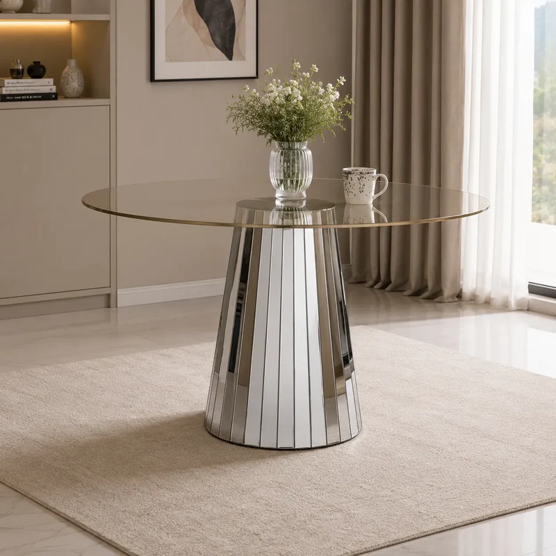 Table Disco 120x75cm Miroir Gris Plateau Transparent