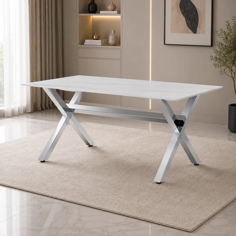 Table Repas IXE Metal Chrome Marbre Blanc