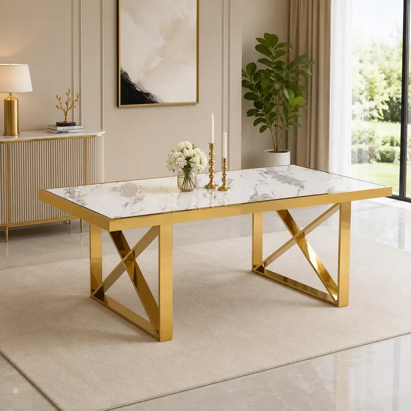 Table Repas Levanto Gold Marbre Blanc 180X90CM