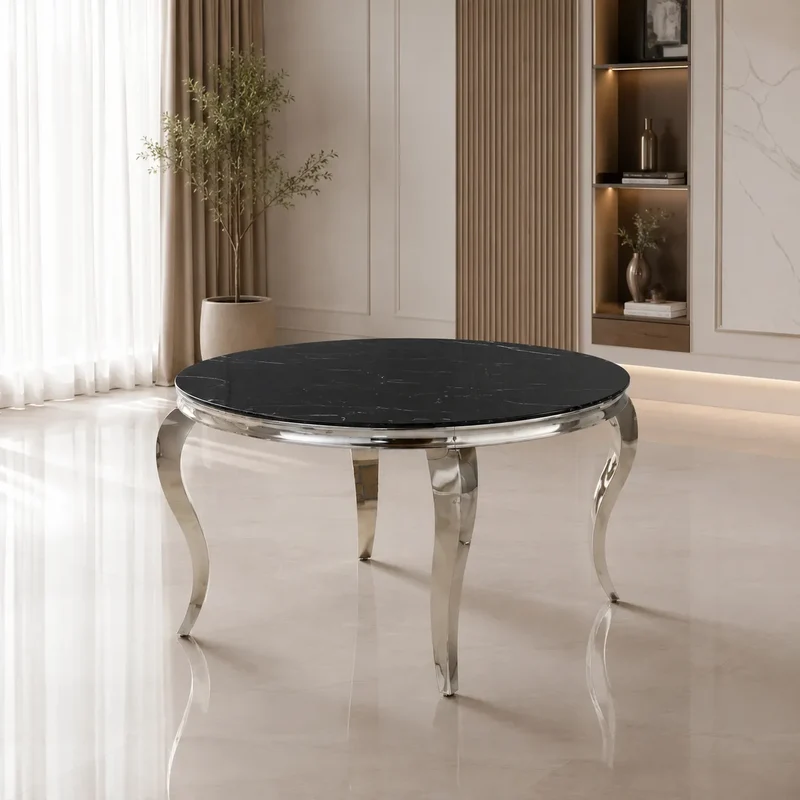 Table Repas Baroque Ronde Chrome Verre