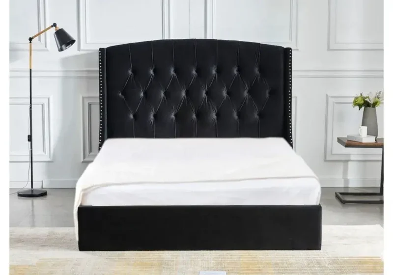 Lit Coffre Capitonné Velours Beige Chester 140x190 cm