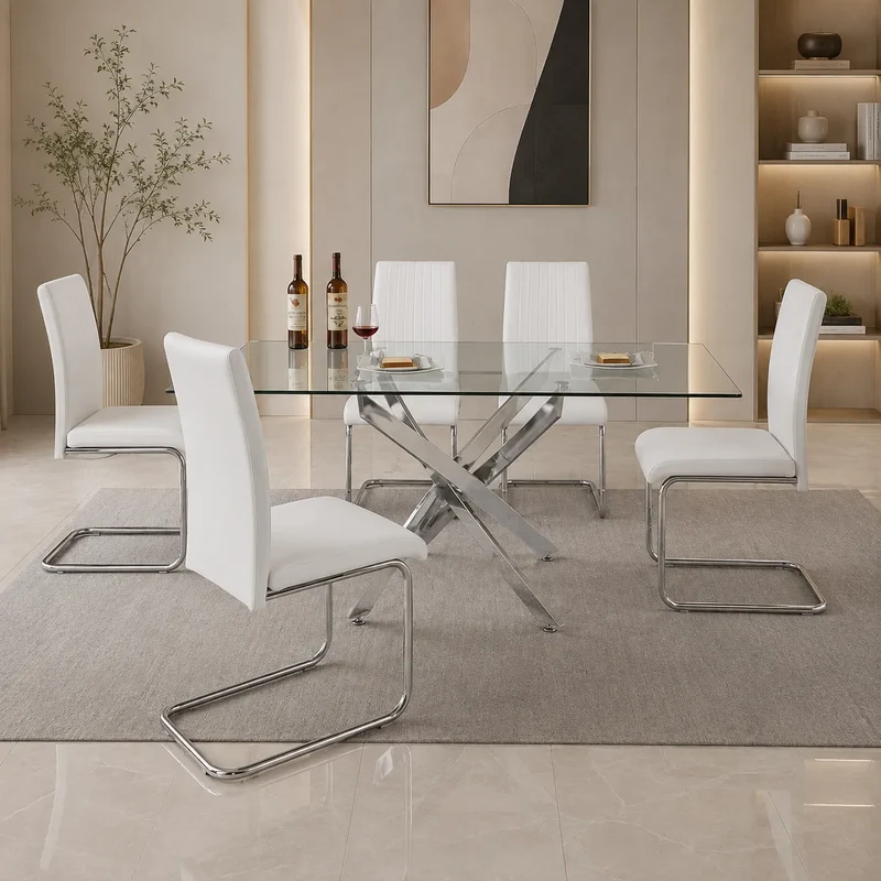 LEONARDO Ensemble de Table de salle à manger en chrome blanc noir et verre et 4 ou 6 chaises de salle à manger en cuir