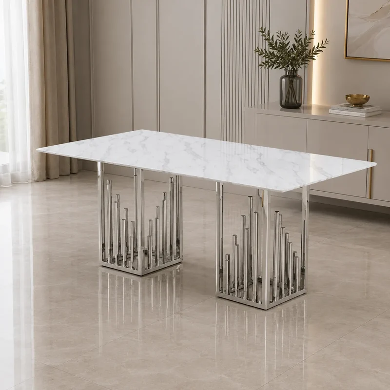 Table à manger marbre blanc argent RITA